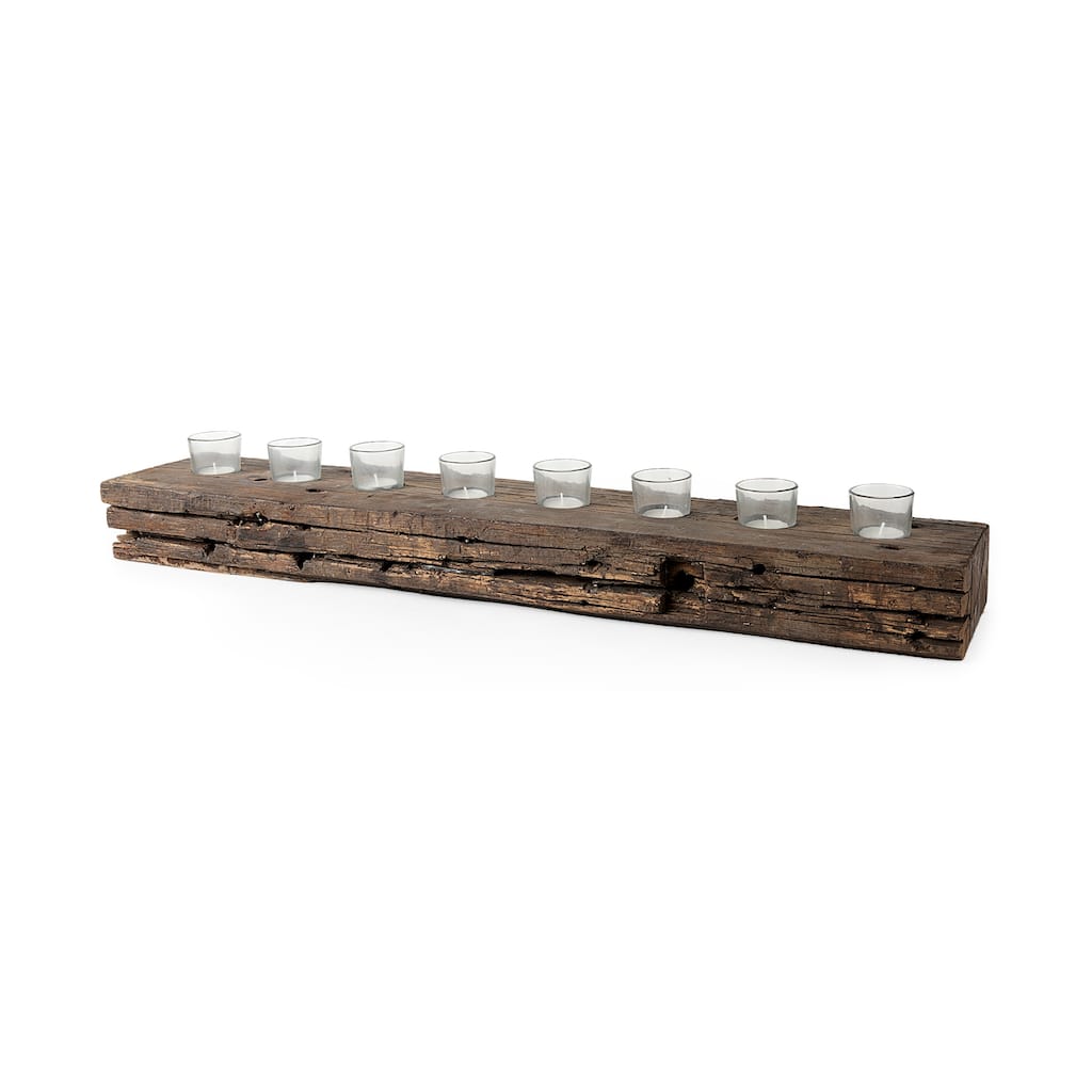 Lakara Brown Reclaimed Wood with 8 Glass Tealight Candle Holder - 36"W x 8"D x 3"H