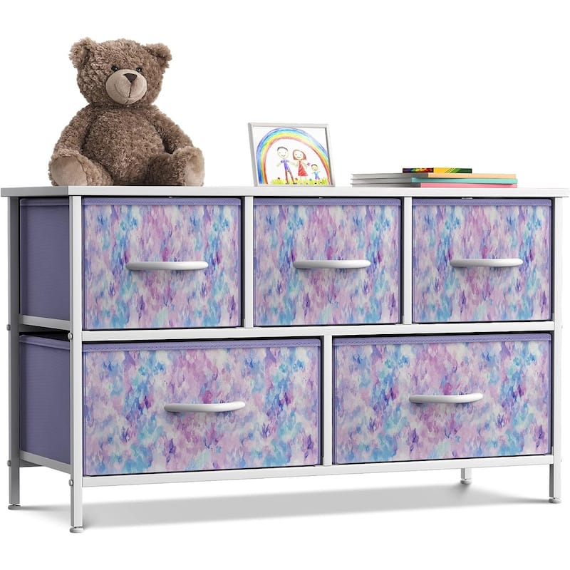 Dresser w/ 5 Drawers Furniture Storage Chest for Home, Bedroom - Tie-Dye Purple