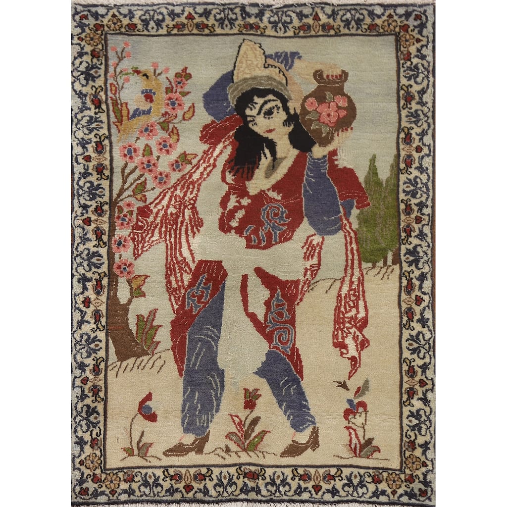 Vegetable Dye Pictorial Nain Persian Vintage Rug Handmade Wool Carpet - 2'0"x 3'1"