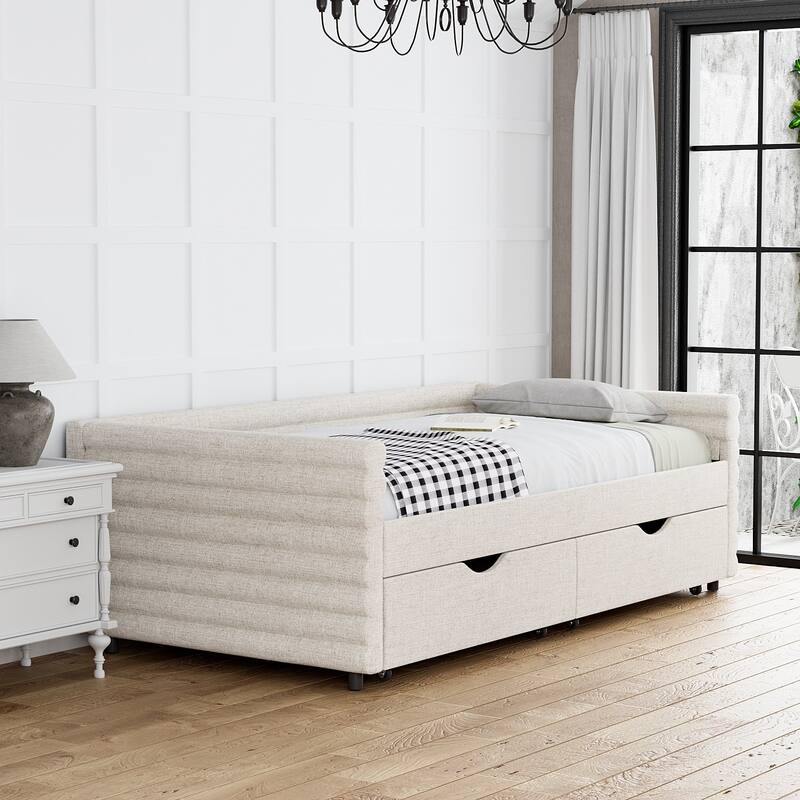 Ouyessir Modern Upholstered Tufted Daybed with Trundle & Drawers