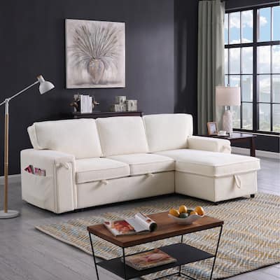 Beige Chenille Upholstery Sleeper Sectional Sofa with Storage Space