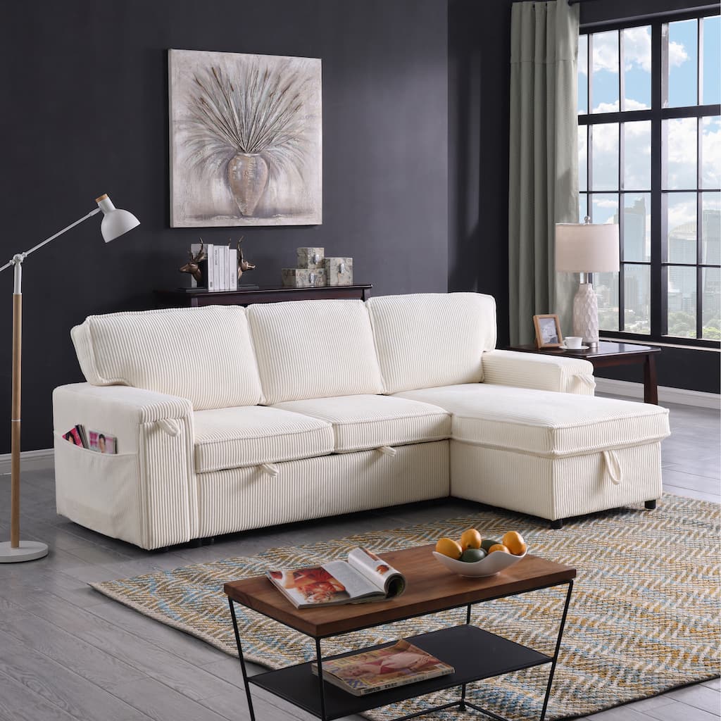 Pull Out Sleeper Sectional Sofa Bed Corduroy L-shaped Couch with Reversible Storage Chaise, Side Pockets and Hidden Cup Holders