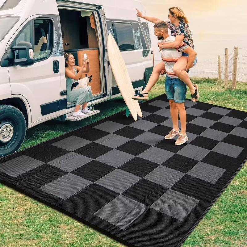 Outdoor Rug Checkerboard Geometric Plaid Pattern, Waterproof Plastic Straw Rug, UV Resistant Foldable Outdoor Rug