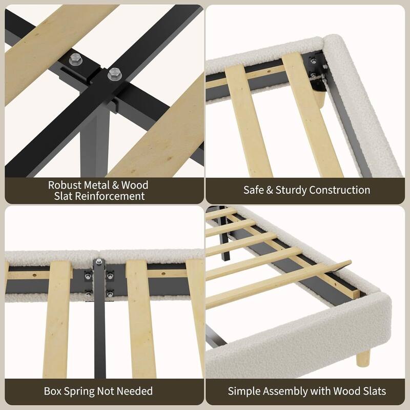 Twin Bed Frame, with Wooden Slats and Round Boucle Headboard