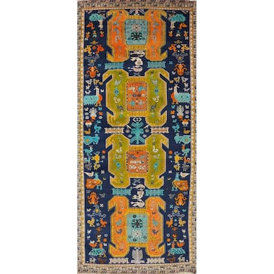 Hand Knotted Oriental 100% Wool Carpet Traditional Tribal Navy Blue & Blues Meshkin Area Rug - 8' 5'' X 3' 7''