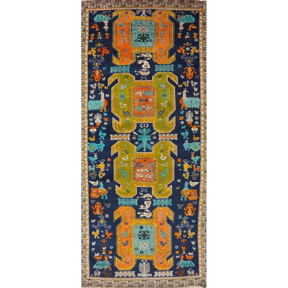 Hand Knotted Oriental 100% Wool Carpet Traditional Tribal Navy Blue & Blues Meshkin Area Rug - 8' 5'' X 3' 7''