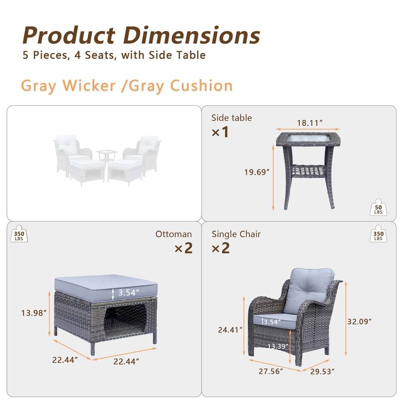 Outdoor Patio Furniture-Gray Wicker Armchair with Storage Ottoman Sets