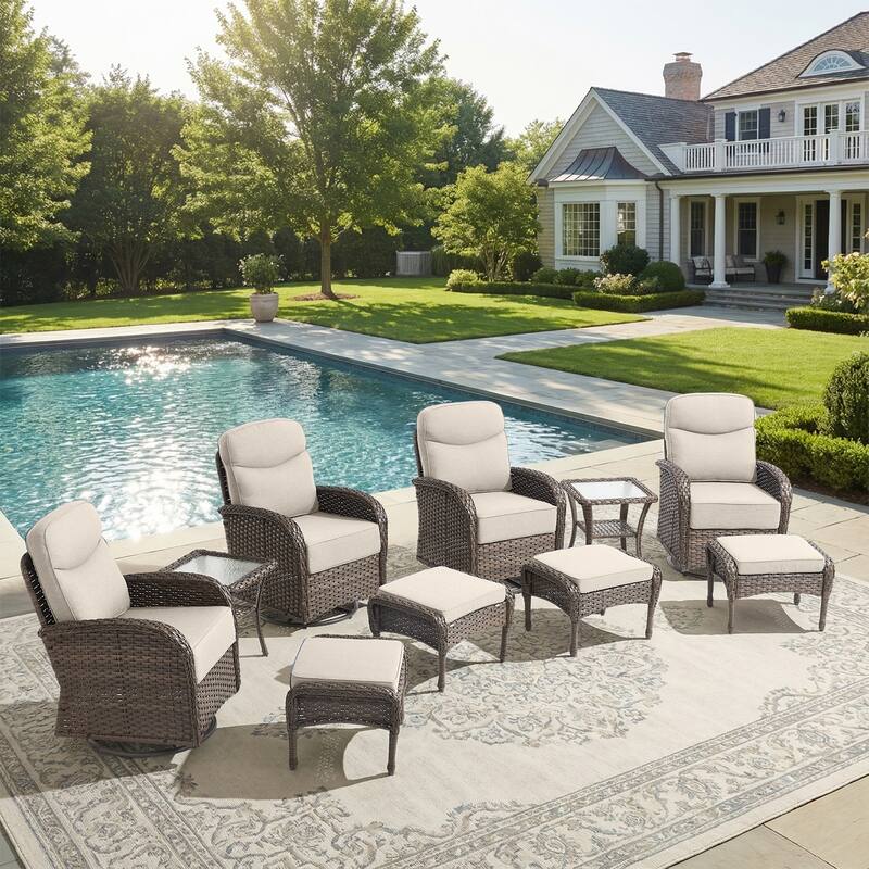 Pocassy Outdoor Patio 10 Piece Swivel Chair Side Table with Ottoman - Brown Wicker Beige Cushion