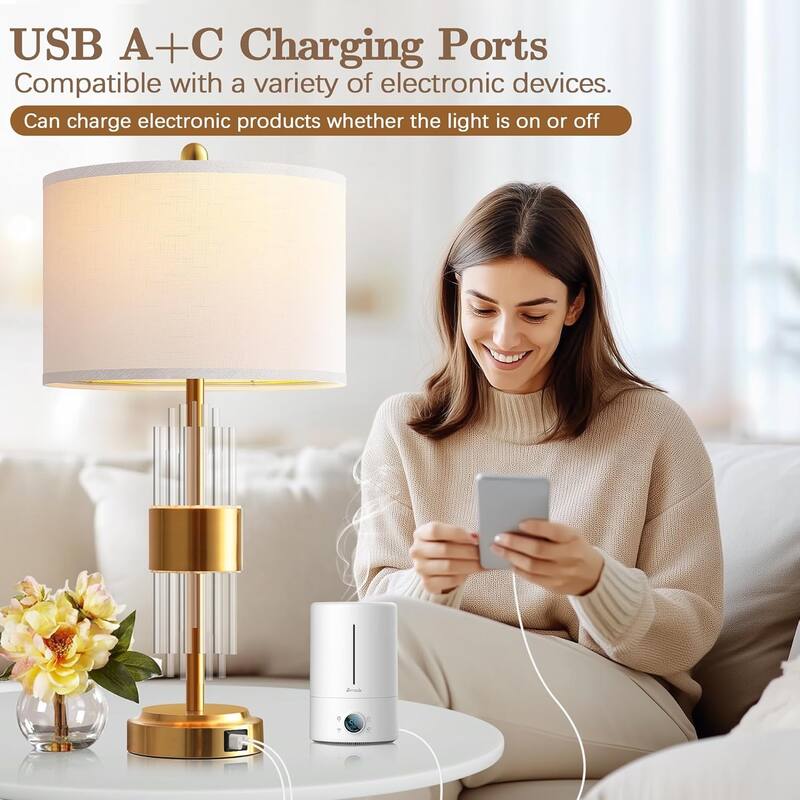 Bedside Table Golden Lamp With USB Ports, Set Of 2 With Touch Control, Drum Lamp Shade Bedrooms Home Office Light Decor
