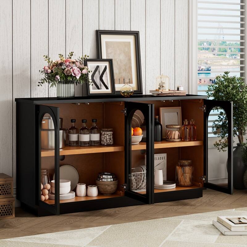 Spruce & Spring 4-Door Large Storage Buffet Cabinet with Glass Doors