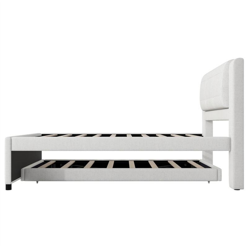 Full Size Upholstered Platform Bed with Pull-Out Trundle, Modern Bed Frame with Headboard, Trundle can be flat or erected