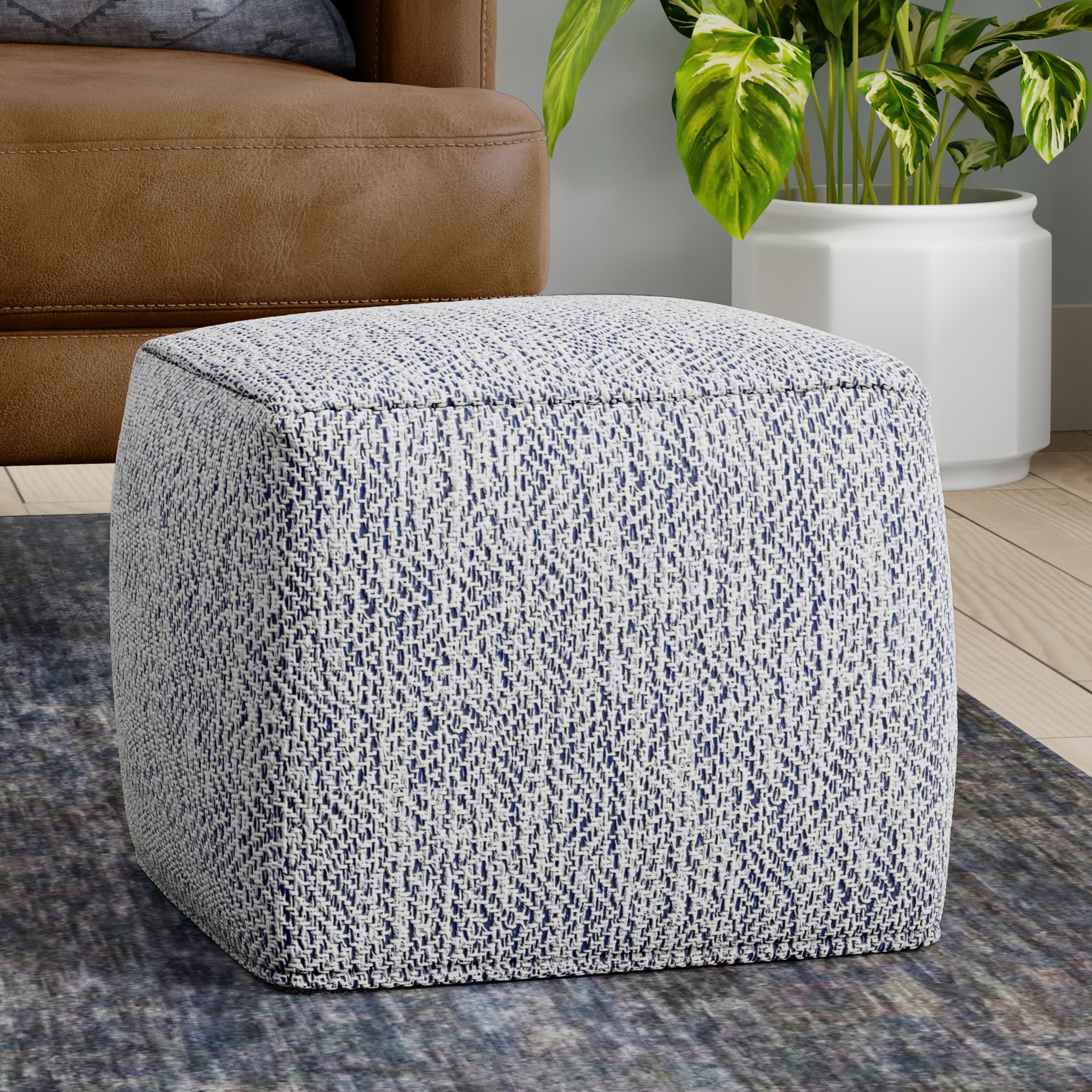 WYNDENHALL Terri 18 inch Wide Boho Square Pouf in Denim Melange Cotton