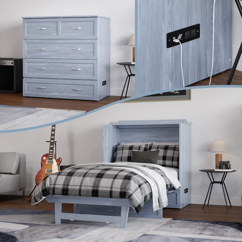 AFI Northfield Murphy Bed Chest with 6" Mattress, Storage Drawer & Built-In Charger - Driftwood - Twin XL
