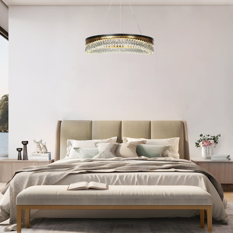 Modern 1-Light LED Crystal Chandelier Black Gold Drum Lights for Living Dining Room - D31.5" x H6"