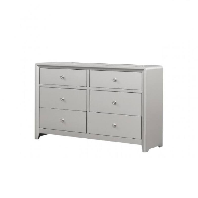 Broy Wide Dresser, 6 Drawers w Crystal Knobs, Champagne Gray Wood