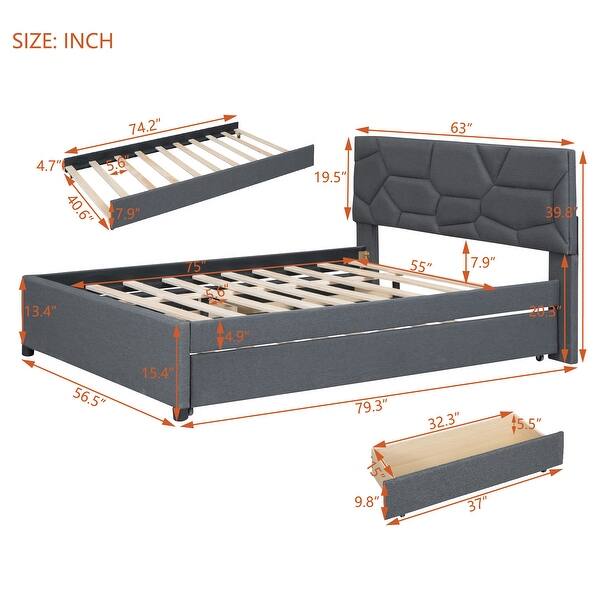 dimension image slide 0 of 2, Linen Fabric Platform Bed with Brick Pattern Headboard, with Twin Trundle and 2 Drawers, Full Size