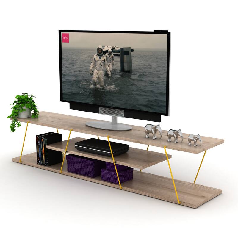 FurnisHome Store Tars Mid Century Modern Tv Stand 4 Shelves Open Storage Metal Cords