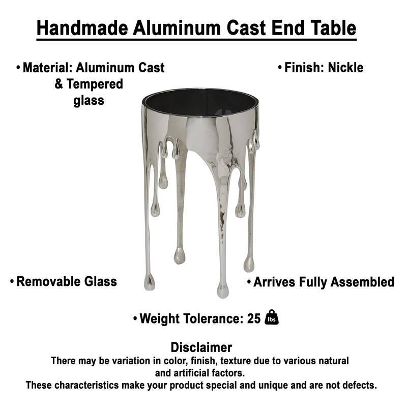 Capri Side End Table, 24.75 Inch Round Glass Top, Melting Drip Design, Silver
