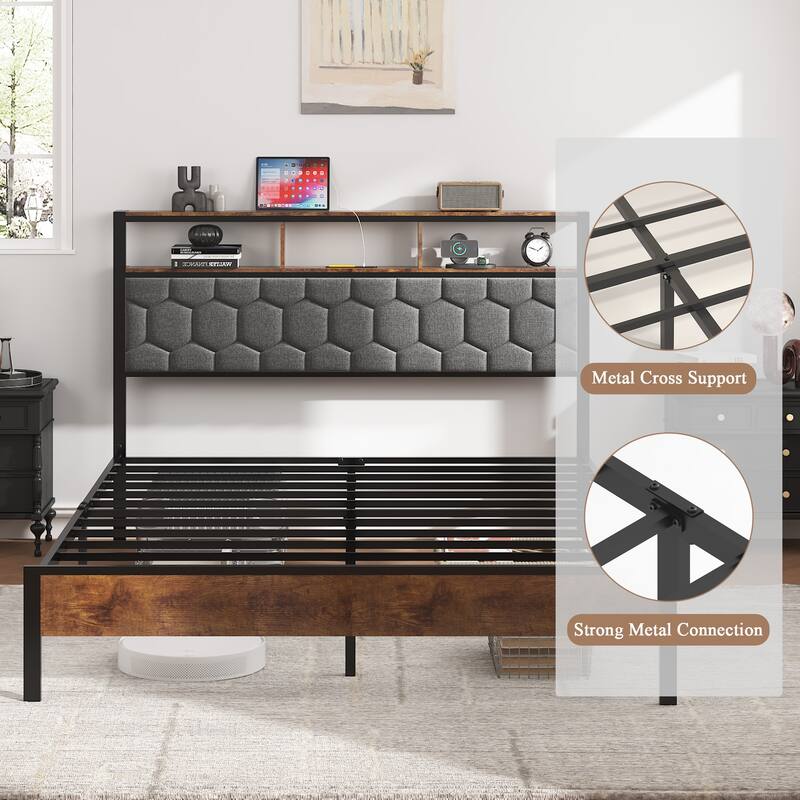 Roomfitters Wood Platform Bed Frame with Upholstered Headboard, Charging Station, No Box Spring Needed, Brown