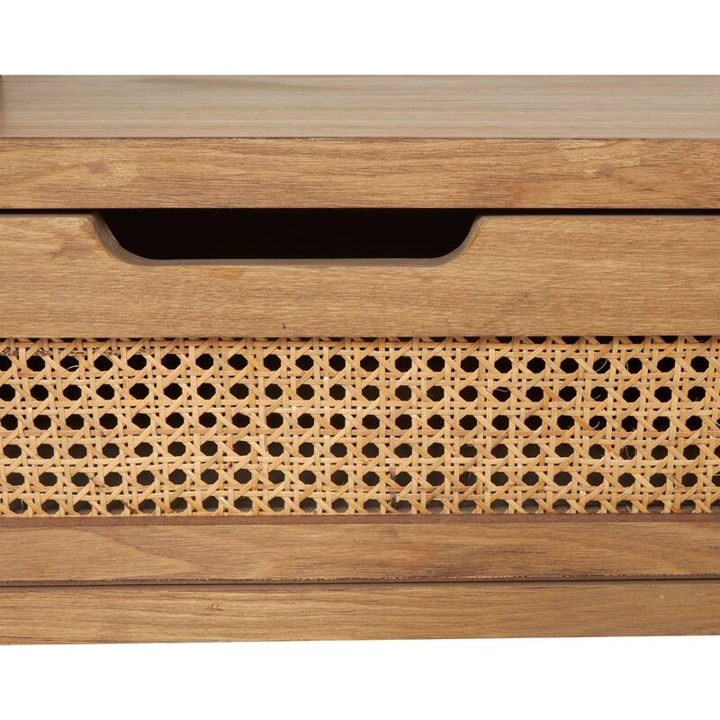 Brown Wooden Living Room Coffee Table with Cane Front Drawers and Gray Metal Frame