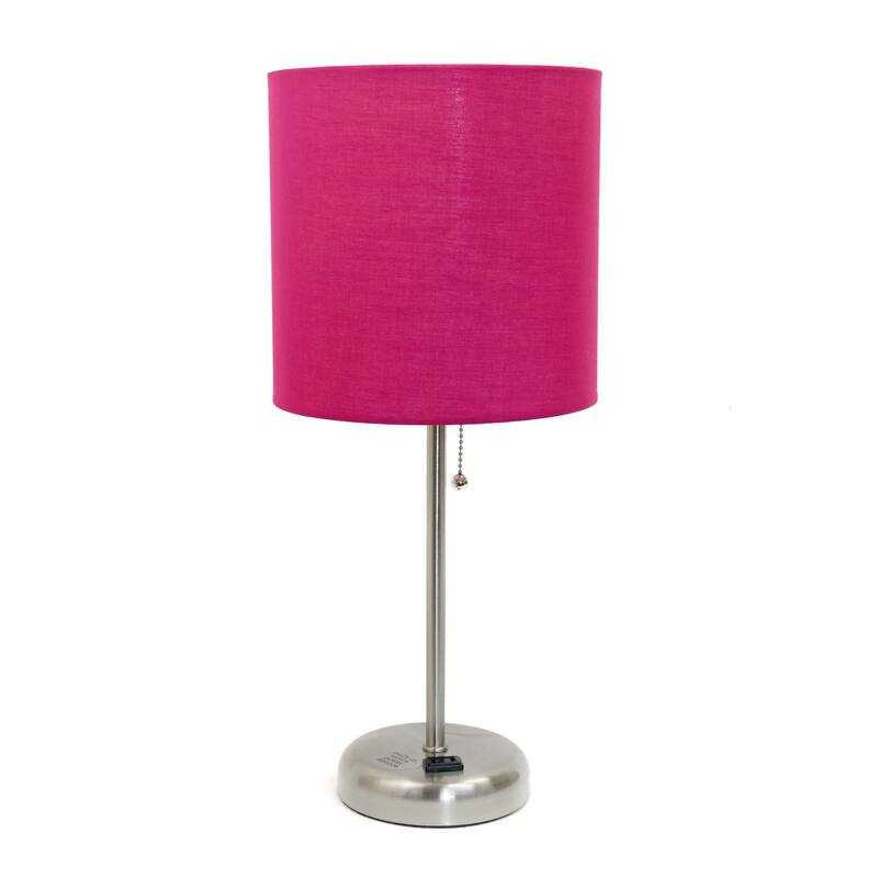 19.5" Power Outlet Metal Lamp in Steel w Aqua Shade - Brushed Steel/Pink Shade