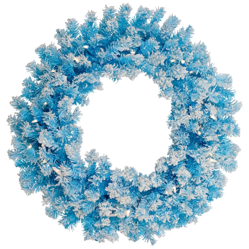 Pre-Lit Flocked Pine Artificial Christmas Wreath - 24" - Sky Blue - Clear Lights