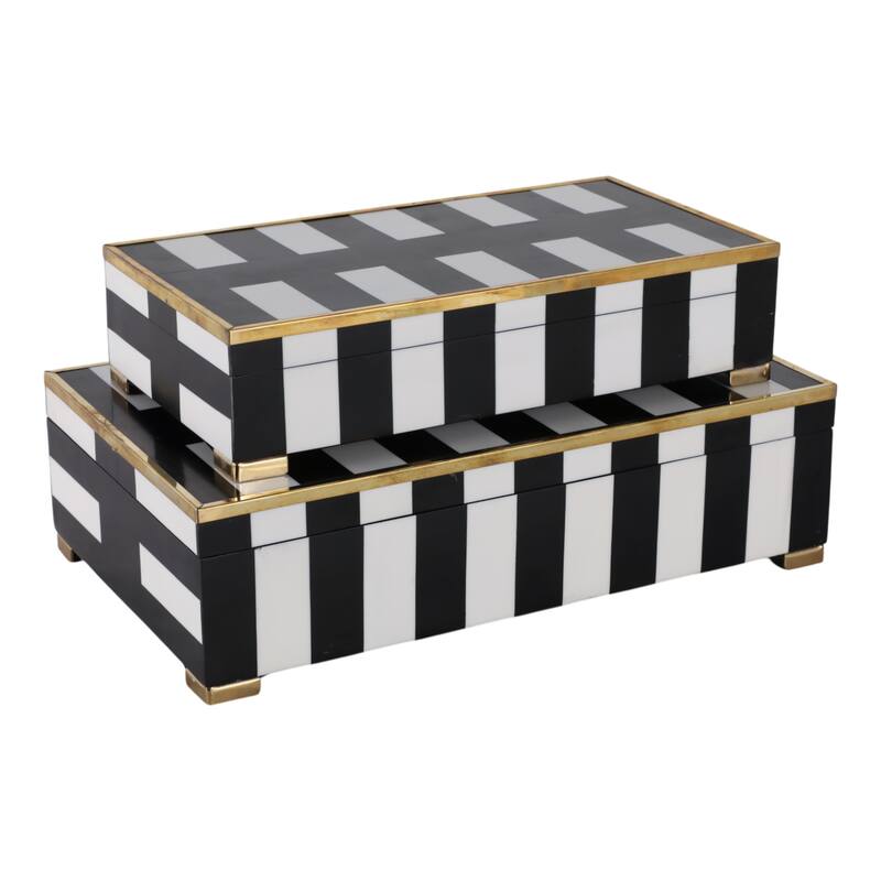 Resin Decorative Boxes with Stripe (Set of 2) - 4" & 3" Black, White - 14" x 8.5" x 4"