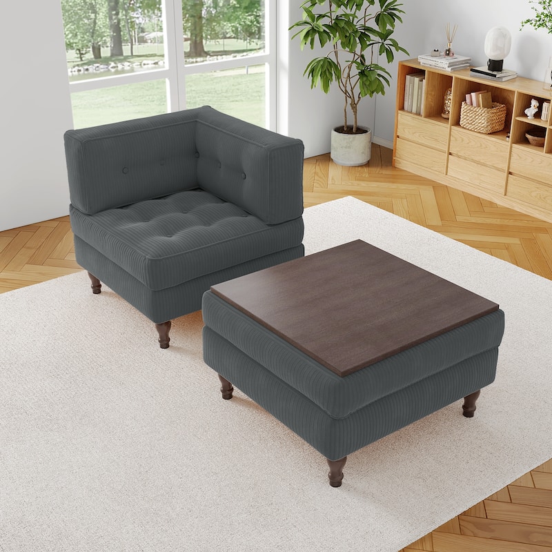 Corduroy L-shape Modular Corner Sectional Sofa with Reversible Storage Ottoman