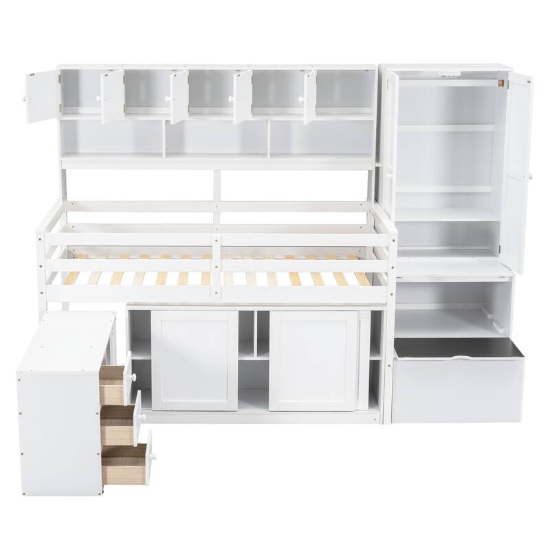 Twin Size Wooden Loft Bed with Integrated Wardrobe and Under-bed Desk