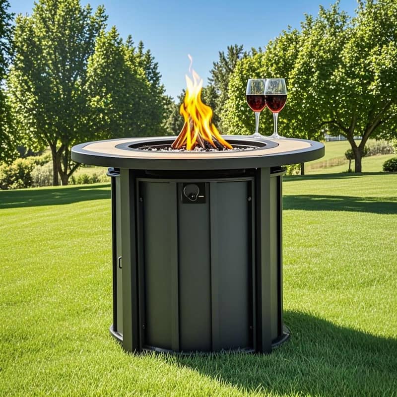 GDFStudio - Modern Outdoor 30" Propane Gas Fire Pit Table with Wood Grain Top & Removable Anti-Rust Lid, Cover Included - Black+Brown