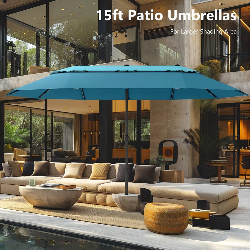 MAISON ARTS 15ft 2-Tier Large Patio Umbrella with Solar Lights, Double-Sided Outdoor Market Umbrellas with Base Included