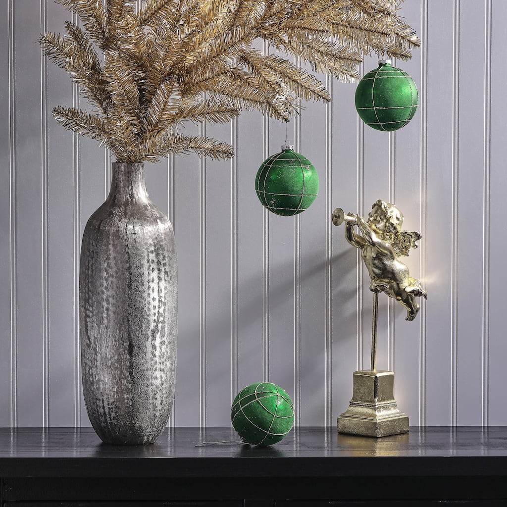 4" Glass Flocked Plaid Ball Ornament Set of 3