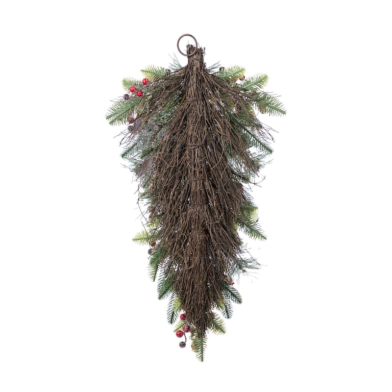 Glitzhome Christmas 5-Piece Set with Berry Leaf Wreath, Teardrop and 4/5ft Potted Trees for Entrance Decoration
