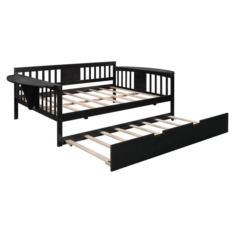 Twin/Full Size Daybed with Trundle Bed, Wooden Sofa Bed for Kids' Rooms and Guest Rooms, Sturdy Pine Wood Frame