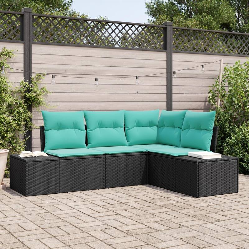 vidaXL 5 Garden Sofa Set with Cushions Black Poly Rattan - 82.3 x 60.6 x 27.2 - Black without table