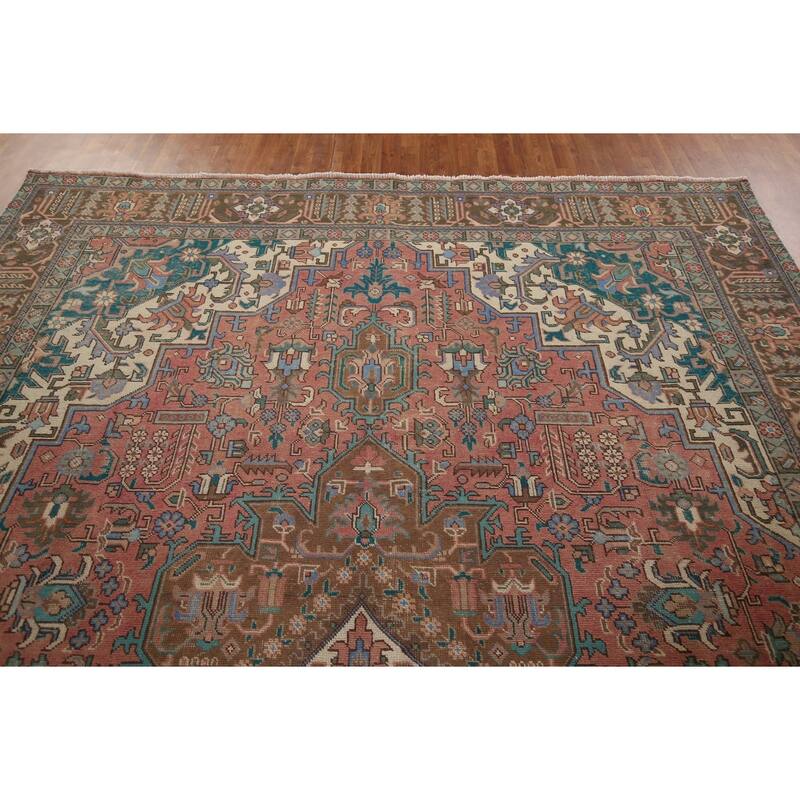 Pink Geometric Tabriz Persian Vintage Rug Hand-Knotted Wool Carpet - 9'7" x 12'10"