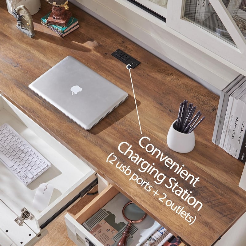 Farmhouse L Shaped Desk with Hutch, Wood Desk with Charging Station