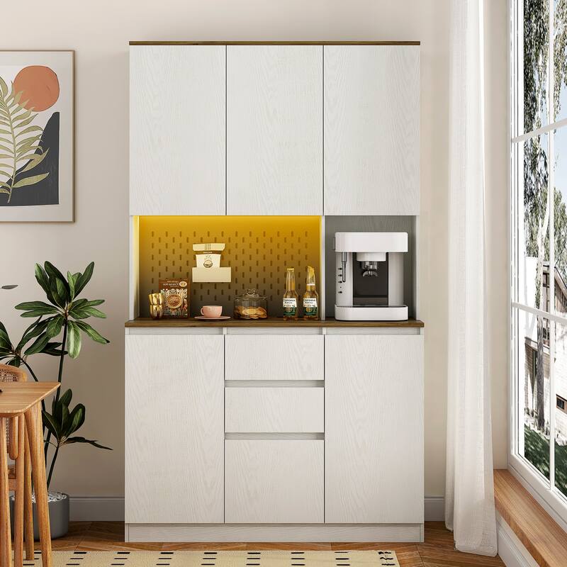 Kitchen Pantry Cabinet with Charging Station, Freestanding Buffet with LED Lights, Storage Cabinet with Charging Station