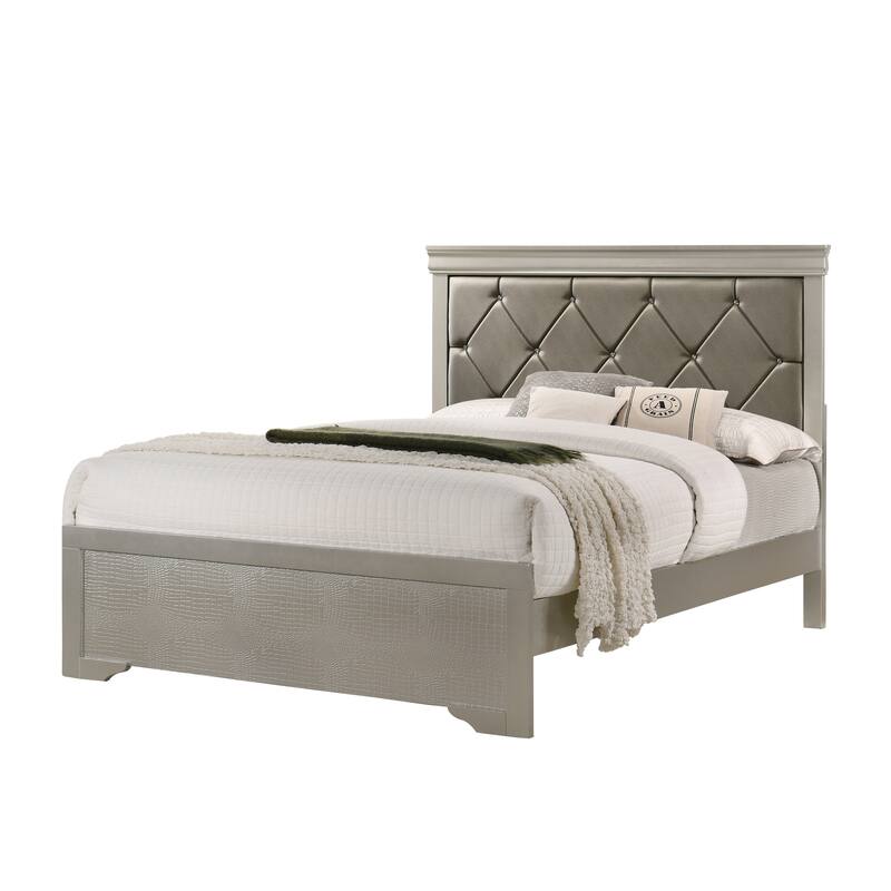 Full Size Wood Modern Panel Bed with Upholstered Headboard and Crystal Button Tufting