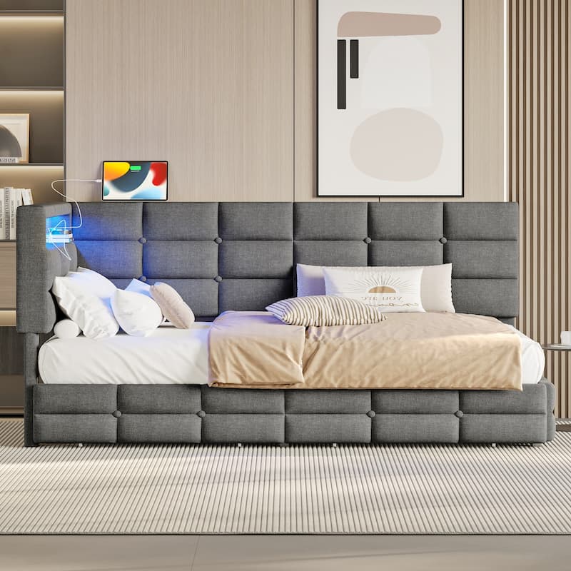 Twin Size Upholstered Daybed with Storage Drawers, Charging Station, and LED Lights, Gray