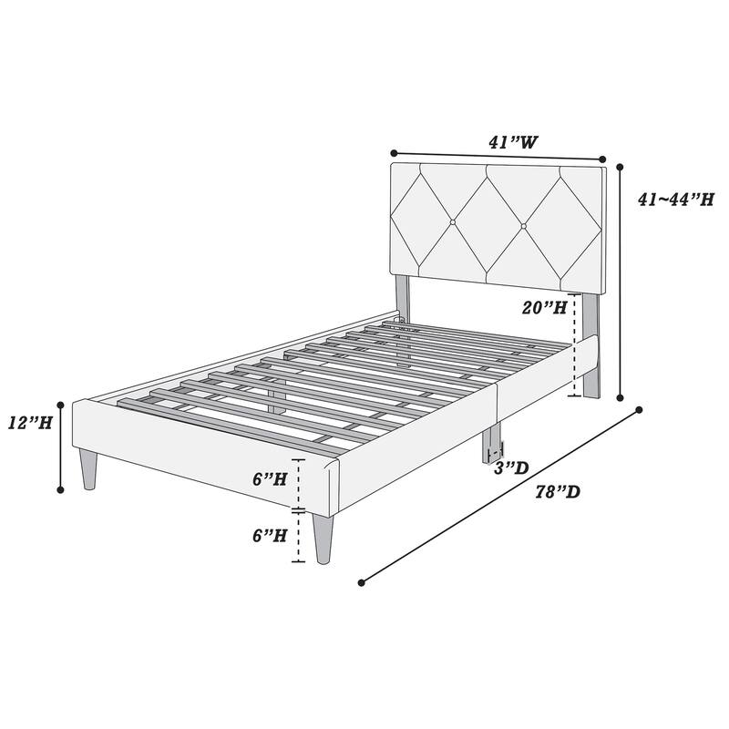 Adjustable Velvet Twin Bed with Diamond Stitched Headboard