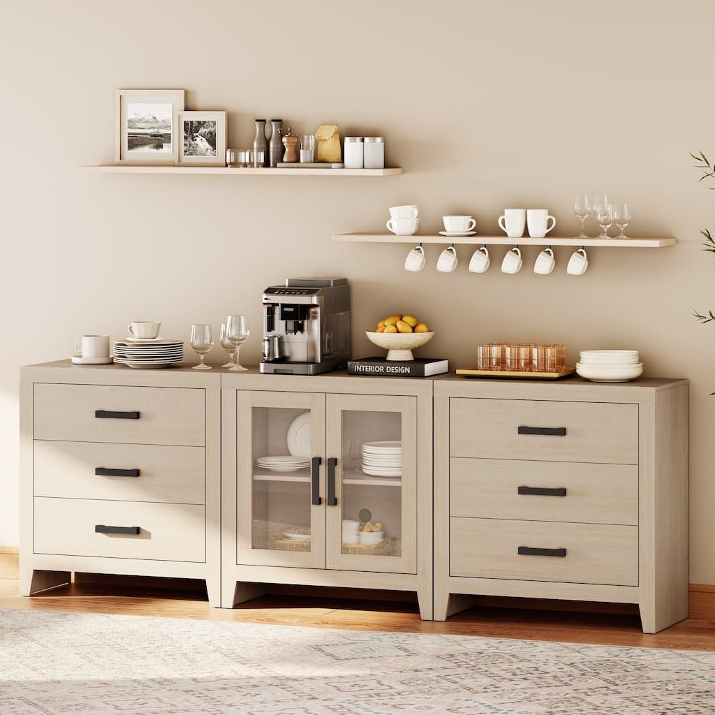WAMPAT Farmhouse Buffet Cabinet with Glass Doors and Drawers, 3-Piece Modular Sideboard