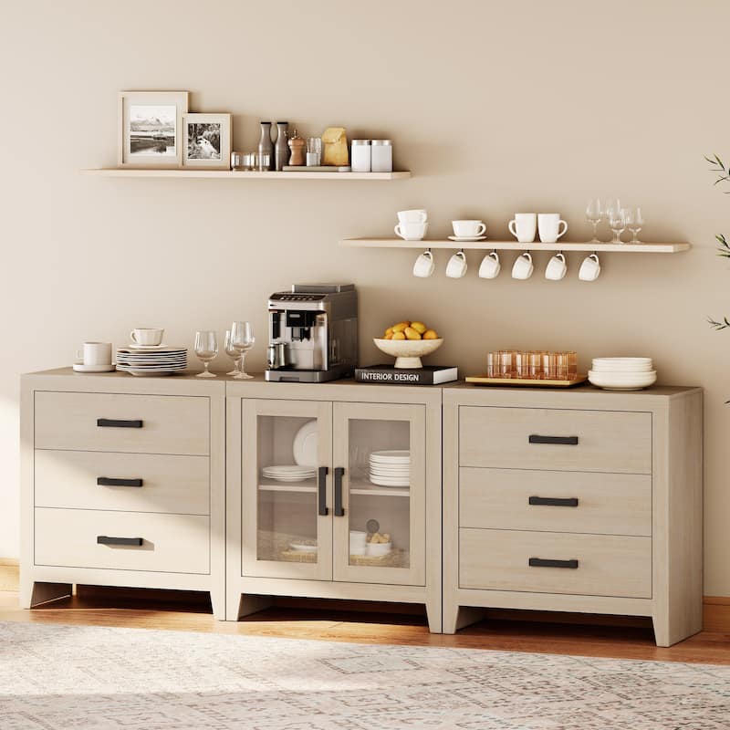 WAMPAT Farmhouse Buffet Cabinet with Glass Doors and Drawers, 3-Piece Modular Sideboard - Beige