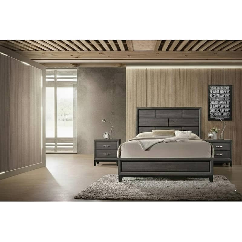 Modern Style 3pc Bed 2x Nightstand Set Metal Handles Tapered Legs Gray Finish Bedroom Furniture