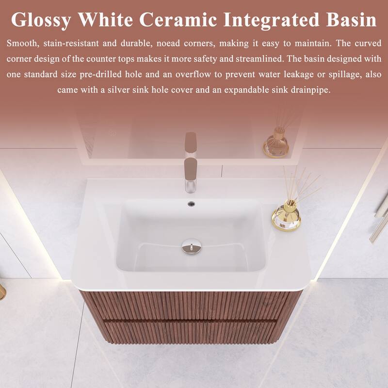 Wall-Mounted Bathroom Vanity in Walnut with Integrated White Ceramic Sink
