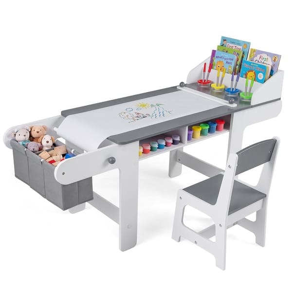 slide 2 of 10, Gymax Wooden Kids Art Table & Chair Set w/Paper Roll&Fabric Bins for Grey
