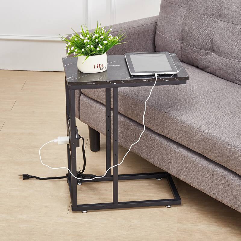 VECELO C Shaped End Table with Charging Station Sofa Table with USB Ports and Outlets C Couch Rustic Snack Bed Table - 11x19x24