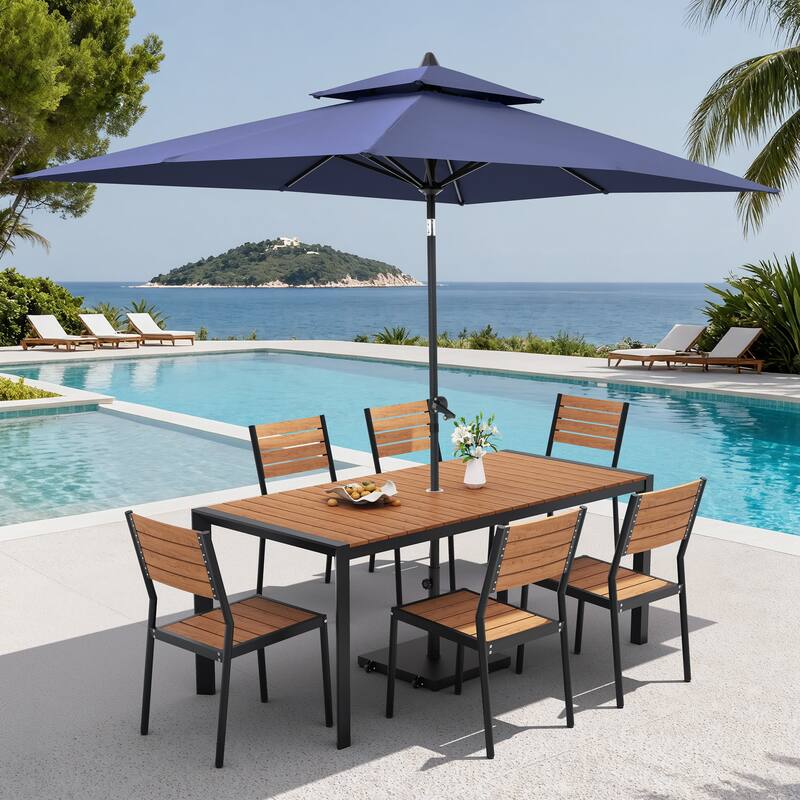 9-Piece Outdoor Patio Dining Set Wood Like Aluminum Umbrella Hole Table with Stackable Chairs, Market Umbrella and Wheel Base - BrownTable&BrownChairs&NavyBlueUmbrella