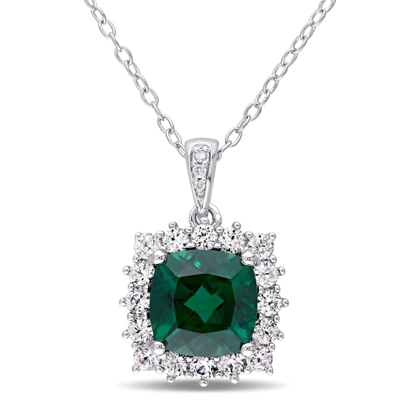Miadora Sterling Silver Created Emerald, Created White Sapphire and Diamond Accent Halo Necklace