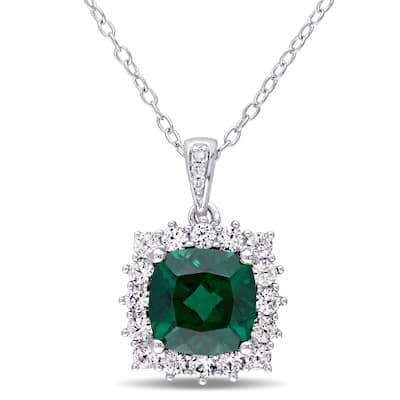 Miadora Sterling Silver Created Emerald, Created White Sapphire and Diamond Accent Halo Necklace